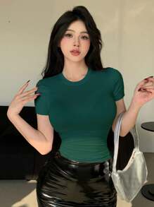 DAZY Women Solid Color Round Neck Slim Fit Short Sleeve Casual Green T-Shirt Top Summer - Dark Green - View 3