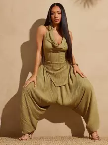 Vixey Textured Knit Pocket Harem Pants, Boho, Boho Women Clothing, Beach Outfits For Women, Summer Outfits For Women, Island Vacation Outfits, Women Summer Sets - Mustard Yellow - View 3