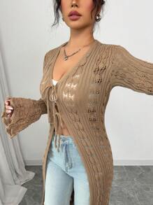 Selianne 女式休闲修身 V 领长袖针织喇叭袖口长款开衫，棕色，春秋季