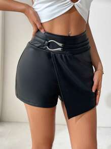 Chiquease Solid Color Asymmetrical Hem Faux-Leather Decor Women Shorts