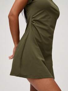 SHEIN BASICS 纯色针织圆领短袖侧抽绳女式迷你休闲连衣裙 - 軍綠色 - 查看 7