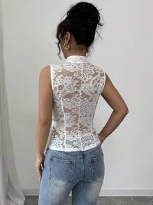 Elenzga Sheer Lace Sleeveless Vest Jacket - White - View 2