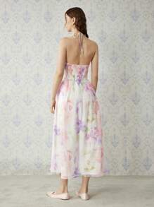 SHEIN MOD Women Spring Floral Print Organza Dress, Bachelorette Backles Sexy Sheer Elegant Dress For Party Wedding Guest,Tea Party, Modest Club Outfit - Multicolor - View 5