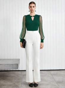 BizChic Summer New Women Crew Neck Metal Button Knit Top, Organza Sheer Green Blouse, Business Casual Daily Commute Wear, Elegant For Beach Holiday, Suitable For Wedding Guest, Country Music Festival, Brunch, Airport, 134S Old Money Stockholm Style, US Independence Day - Dark Green - View 7