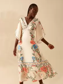 CAJUNI Women's Boho Elegant Floral Print Deep V-Neck Ruffle Sleeve Dress, Holiday & Casual Summer Dress - Multicolor - View 2