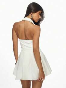 MISSGUIDED Elegant Button Down Halter Mini Dress Fit And Flare Summer Party A-Line Sleeveless Dress With Pockets Retro Style Wedding Guest Outfit - White - View 2