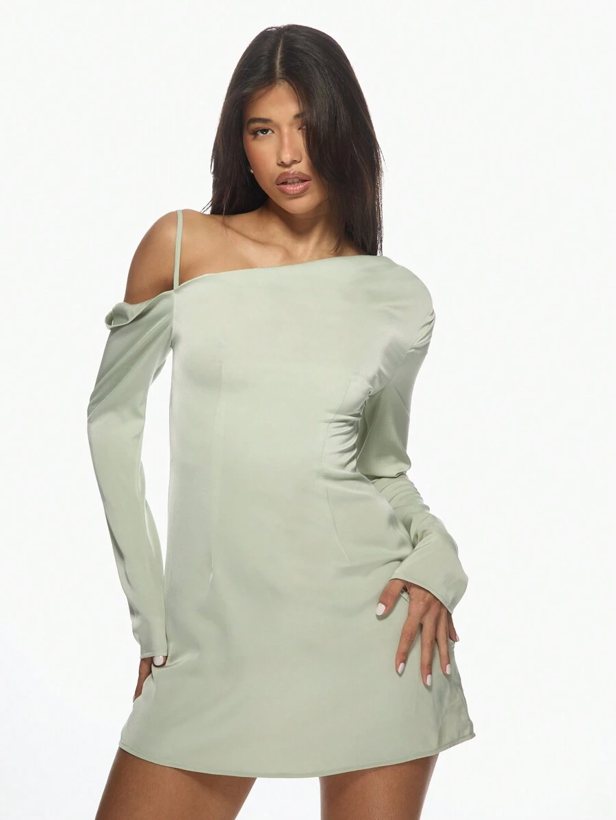 MISSGUIDED One Shoulder Satin Mini Dress Asymmetric Drape Long Sleeve Bodycon Party Club Evening Elegant Form-Fitting Spring Summer