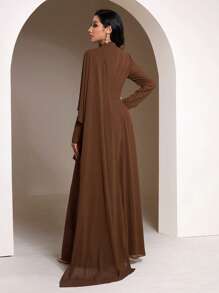 Veilorie Women's Solid Color Long Sleeve Ruffle Trim Pleated Elegant Dress Modest - Coffee - View 2