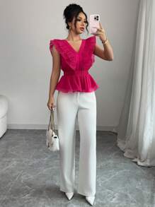 Elenzga Cute & Sexy Multi-Layer Chiffon V-Neck Ruched Peplum Blouse, Pink - Pink - View 3