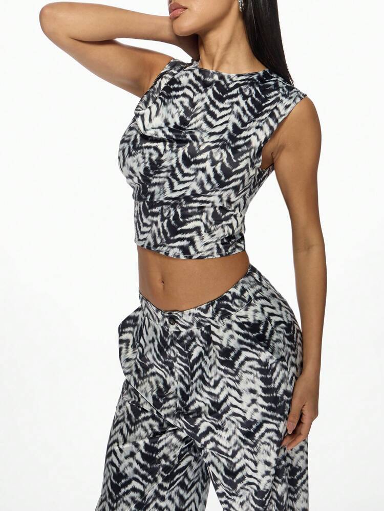 MISSGUIDED Zebra Print Co-Ord Set Sleeveless Crop Top High Waist Wide Leg Pants Matching Two Piece Outfit Summer Street Style Festival Fashion