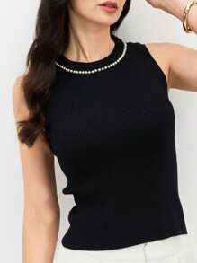 EMERY ROSE 女士夏季黑色无袖珍珠领毛衣 - 黑與白 - 查看 3