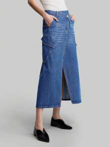 Ontre 女式 2025 新款休闲不对称腰部开衩工装牛仔裙，春夏女式牛仔装 - 藍色 - 查看 5