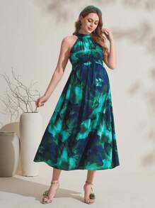 SHEIN Maternity Stand Collar Sleeveless Floral Print Casual Mini Dress - Multicolor - View 1