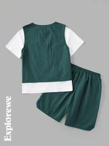 SHEIN Teen Boy Mountain Print Cargo Vest, Shorts And T-Shirt 3-Piece Set - Green - View 2