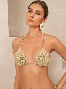 Women's Crochet Openwork Floral Halter Beach Cover Up Top, Solid Color Summer Ladies Holiday, For Summer Beach Vacation - Khaki - View 4