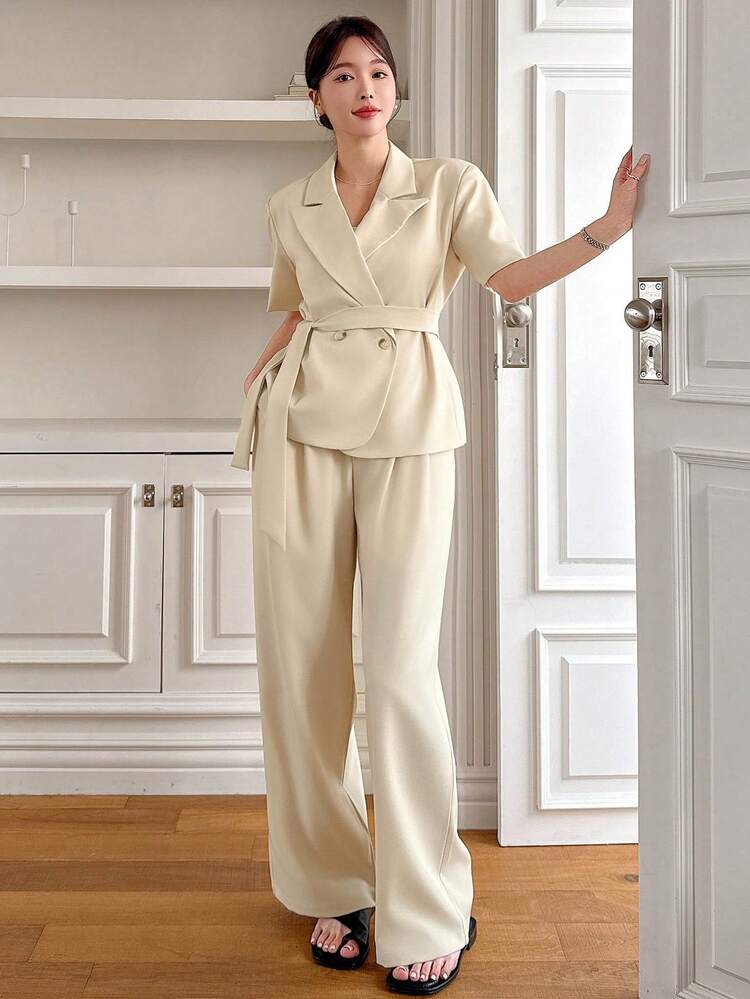 Solid Color Loose Short Sleeve Belted Suit Pants Women 2 Pieces Set Business Attire