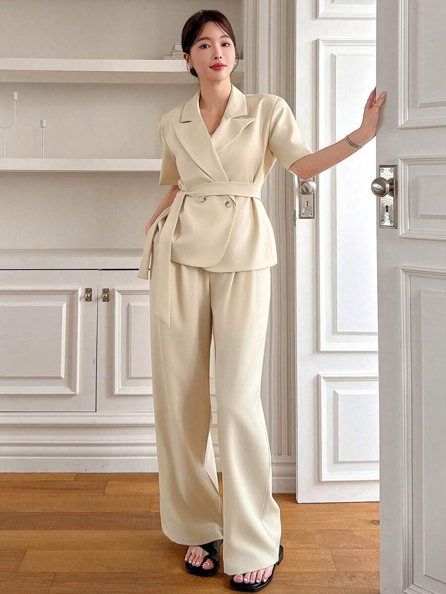 DAZY Solid Color Loose Short Sleeve Belted Suit Pants Women 2 Pieces Set Business Attire - Apricot - View 1