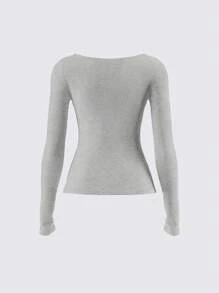 SHEIN BASICS Women's Casual Solid Color Knitted Fitted Long Sleeve Crew Neck Regular T-Shirt Playera Manga Larga Damawhite Top Long Sleevebasic Long Sleeve Tops - Light Grey - View 4