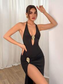 Aloruh 女士性感 V 领贝壳金属装饰长裙，高开叉，紧身，适合海滩度假日常穿着 - 黑色 - 查看 1