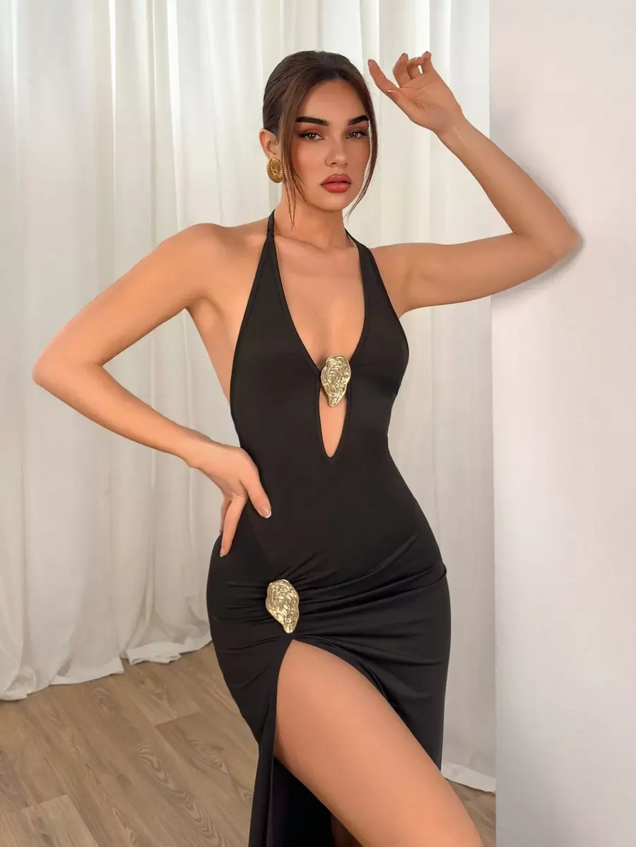 Aloruh 女士性感 V 领贝壳金属装饰长裙，高开叉，紧身，适合海滩度假日常穿着 - 黑色 - 查看 1
