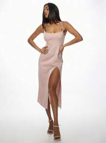 MISSGUIDED Vestido midi elegante con tirantes de lazo y abertura lateral para fiesta de noche, boda, invitado formal, verano y ocasiones especiales, con sensación de satén - Rosa vieja - Ver 3