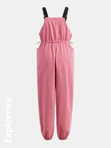 SHEIN Girls Solid Color Splicing Sleeveless Pockets Casual Jumpsuit - Khaki - View 2