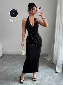Elenzga Women's Deep V Neck Bodycon Mid-Length Pearls Decor Black Dress - Black - View 1