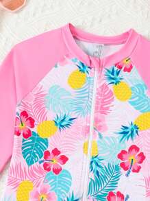 Young Girl Tropical Plant Print Raglan Sleeve One-Piece Swimsuit - Multicolor - View 3