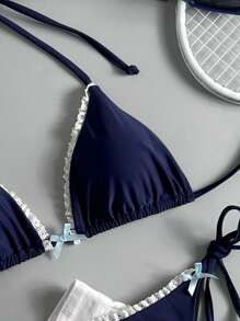 Swim Mod Bộ đồ bơi 2 mảnh thời trang nghỉ xuân cho nữ, Bikini thắt nơ ren đơn sắc gợi cảm, giản dị, phong cách retro - Màu xanh hải quân - Xem 3