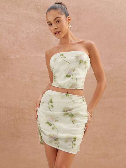 L'Amorae Bộ đồ hai mảnh chiffon ống và quần short hoa thanh lịch, trang phục đi biển mùa hè cho phụ nữ