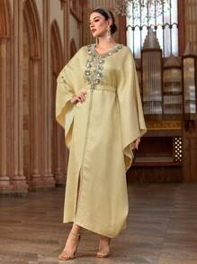 Al Najma Women's Embroidered Batwing Sleeve Turkish & Arabic Traditional Long Dress, Kaftan & Jalabiya, Luxury Evening Dresses For Women - Apricot - View 4