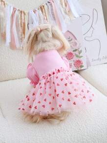 PETSIN 1pc Pet Dog Princess Dress With Puff Sleeves, Red Heart & Golden Foil Printing, Pink Mesh Splicing - Pink - View 1