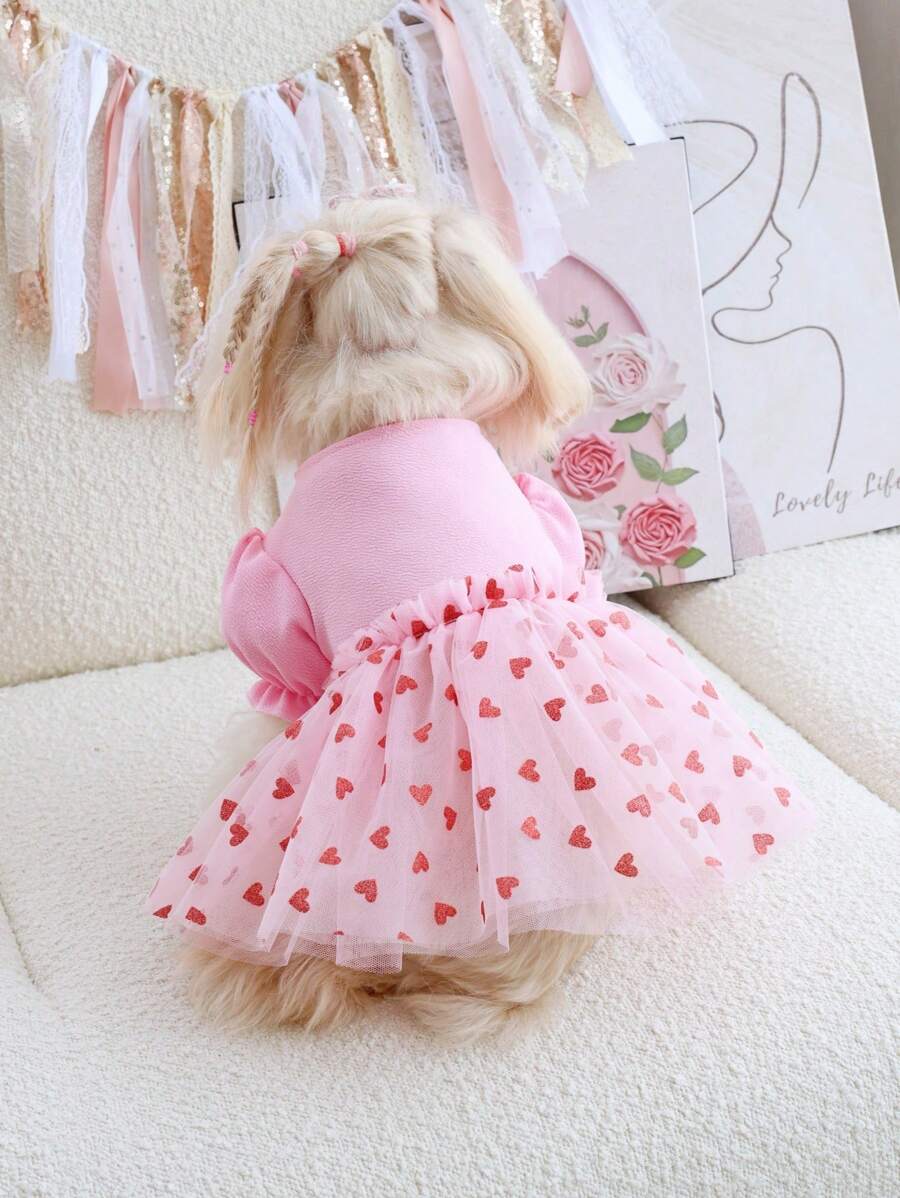 PETSIN 1pc Pet Dog Princess Dress With Puff Sleeves, Red Heart & Golden Foil Printing, Pink Mesh Splicing - Pink - View 1