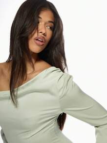 MISSGUIDED One Shoulder Satin Mini Dress Asymmetric Drape Long Sleeve Bodycon Party Club Evening Elegant Form-Fitting Spring Summer