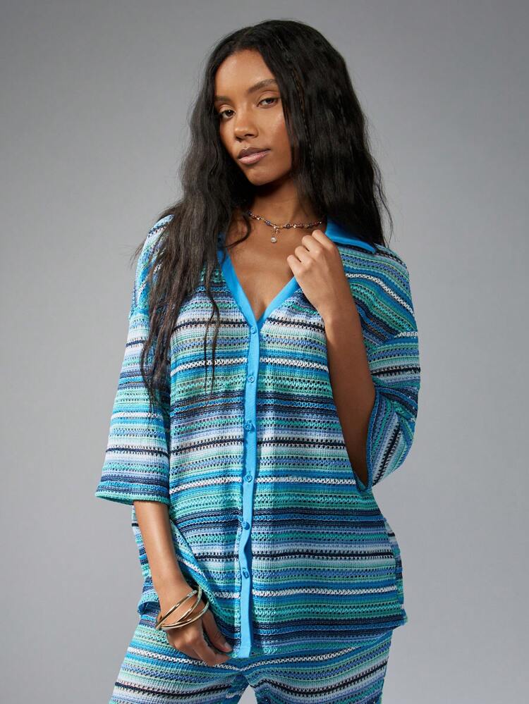 MISSGUIDED Crochet Wide Leg Button-Up Two-Piece Set