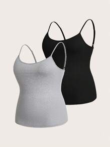 SHEIN Essnce Plus Size Women's Clothing Four Seasons Casual Versatile Basic Comfortable Long Black Camisole 2 Packs, Fall Women Clothes, Curv Tops, Black Tops, Women Top - Light Grey - View 3