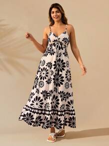 SHEIN Clasi Plus Size Plant Printed Maxi Slip Dress - Multicolor - View 3