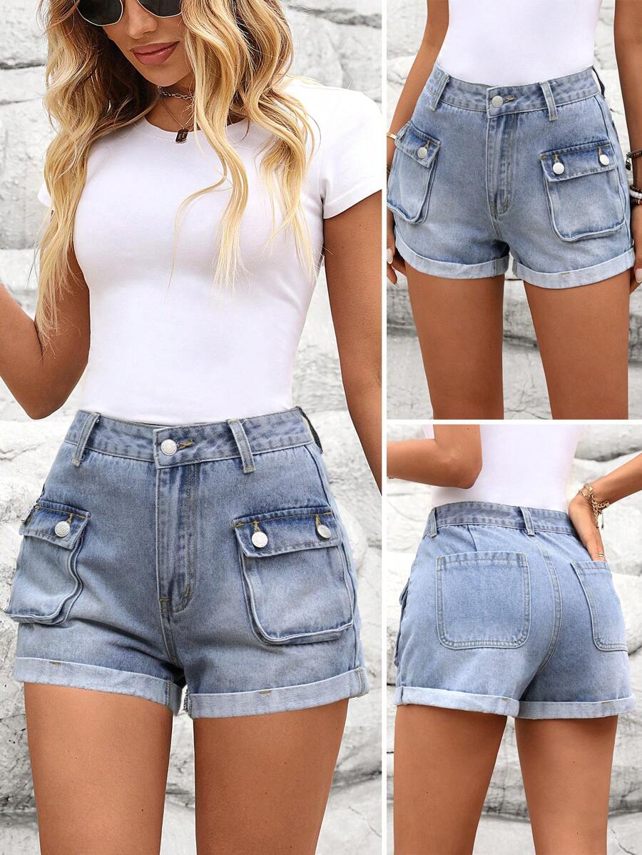 SHEIN LUNE Women's Simple Front Button Pocket Denim Shorts, Casual Daily Wear