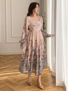 DAZY 女士全花卉泡泡袖方领中长连衣裙，秋季连衣裙长袖连衣裙