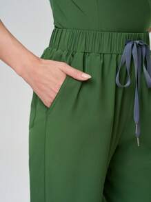 Scrubzie Women Solid Color Short Sleeve Long Pants Nurse Uniform Set Scrub Set Nurse Scrub Tops Scrub Bottoms Running Nurse & Uniform Scrubs Handwashing Pocketed Breathable Brushed Clothing Set Scrub Stretchable Athletic Workwear With Pockets Scrub Top And Pants Set Women's Scrub Set: Notch V-Neck Tuck In Top & Straight Leg Pants Essential Jogger Scrub Set Nursing Uniform Stretch Top & Drawstring Cargo Pants - Army Green - View 4