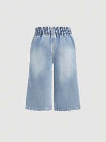 SHEIN 女婴休闲牛仔裤，带口袋和纽扣 - 淺色水洗藍 - 查看 2