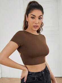 SHEIN EZwear 十字交叉綁結露背短版T恤 - 咖啡棕 - 查看 3