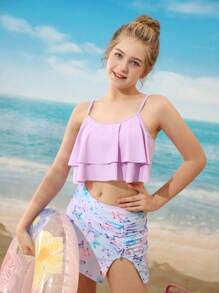 Set de bikini con falda de cobertura con estampado de mariposas con volantes para adolescentes de vacaciones