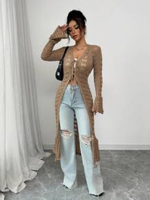 Selianne 女式休闲修身 V 领长袖针织喇叭袖口长款开衫，棕色，春秋季