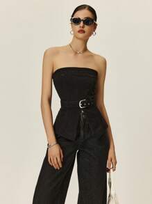 Poéselle Women's Simple Fitted Denim Tube Top For Casual & Holiday, Old Money, Business Casual Woman - Black - View 1