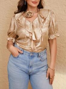 Elaquor Plus Size Women's Elegant Metal-Effect Ruffle Hem Blouse - Gold - View 1