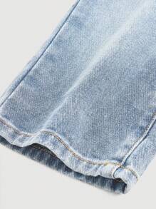 SHEIN 女婴休闲牛仔裤，带口袋和纽扣 - 淺色水洗藍 - 查看 4