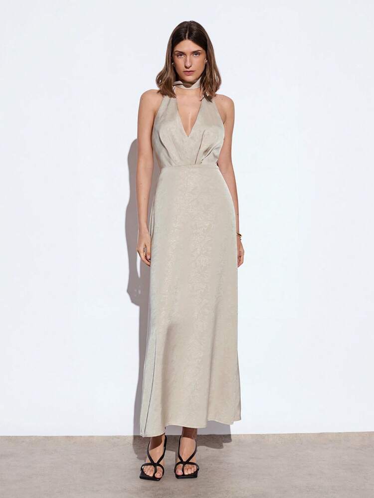 SHEIN Maija 2025 Summer New Arrival Champagne V-Neck Ribbon Tie Waist Flare Big A-Line Satin Texture Elegant Chic Music Festival Beach Resort Daily Casual Romantic City Holiday Vacation Suitable For Outing, Party, Wedding, Guest, Graduation Season Women Dress