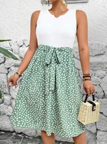 Breezaya Plus Size Boho Women's Polka Dot Print Patchwork Slip Dress, Vacation Style, Spring/Summer