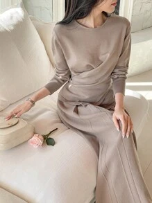 DAZY 2pcs/Set Women Asymmetric Gathered Top & Knit Skirt Suit,Fall Clothes - Brown - View 7